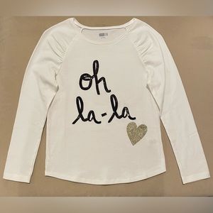 Girls Long Sleeve Top w/ Black Sequin “Oh La La” & Gold Glitter Heart - L 10/12